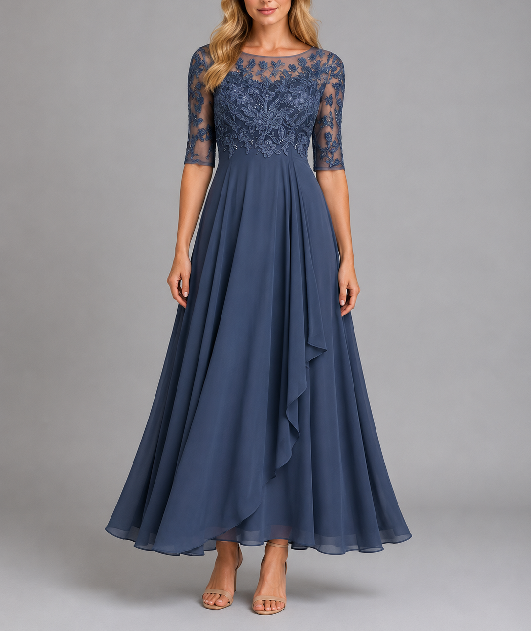Vanessa - Women's Embroidered Lace Midi Dress with Three-Quarter Sleeves