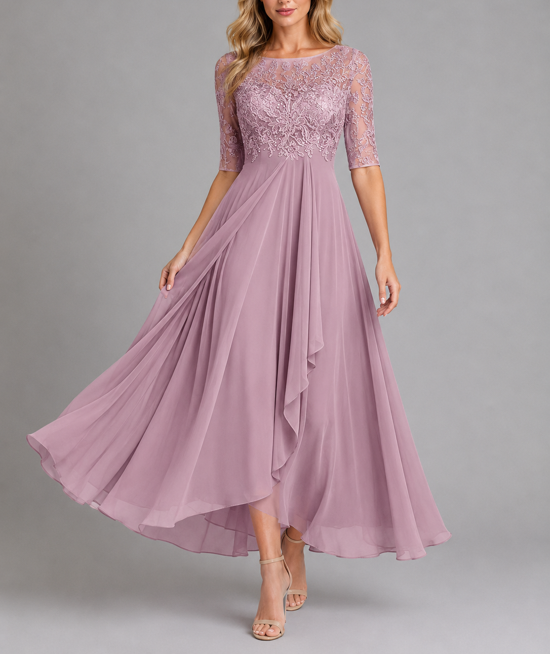 Vanessa - Women's Embroidered Lace Midi Dress with Three-Quarter Sleeves