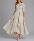 Vanessa - Women's Embroidered Lace Midi Dress with Three-Quarter Sleeves