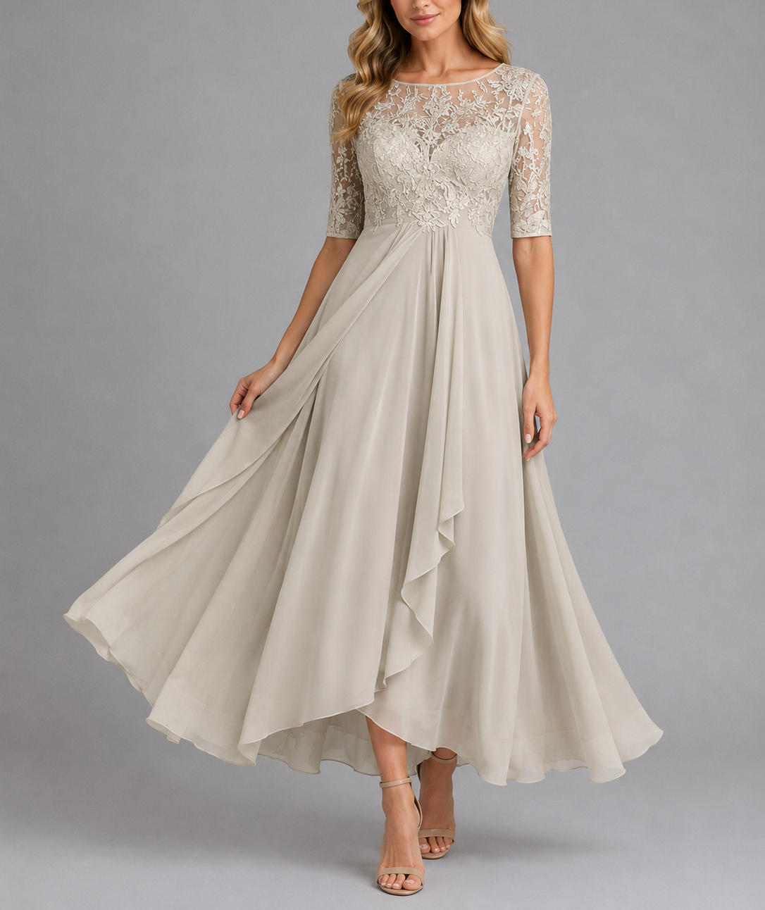Vanessa - Women's Embroidered Lace Midi Dress with Three-Quarter Sleeves