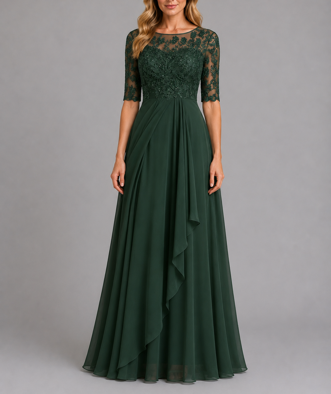 Vanessa - Women's Embroidered Lace Midi Dress with Three-Quarter Sleeves