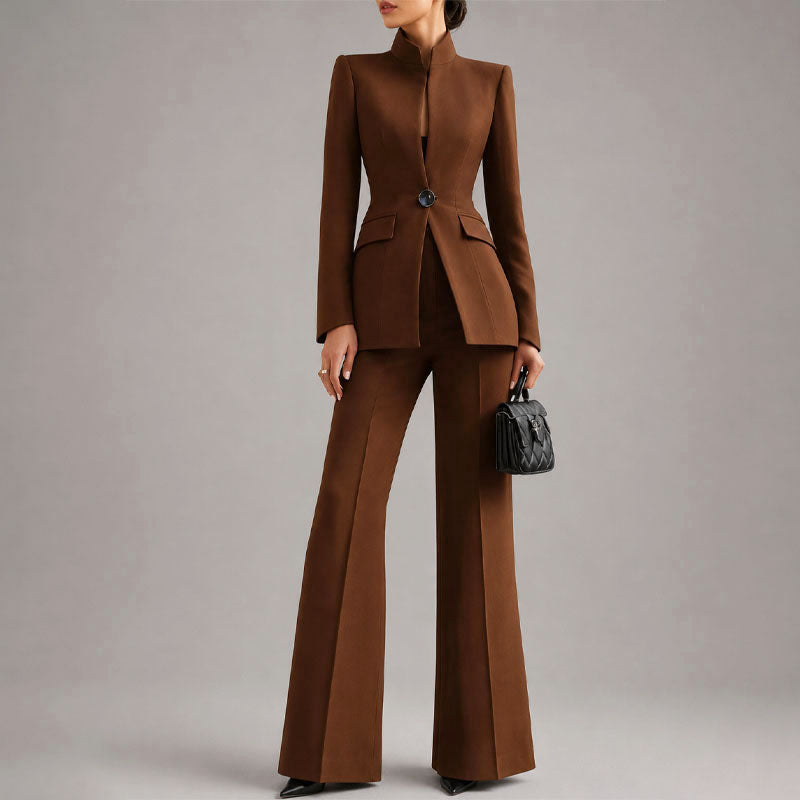 Vera - Women's High-Neck Single-Button Blazer and Wide-Leg Trouser Set