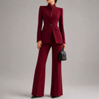 Vera - Women's High-Neck Single-Button Blazer and Wide-Leg Trouser Set