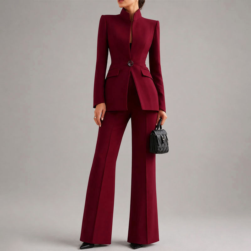Vera - Women's High-Neck Single-Button Blazer and Wide-Leg Trouser Set