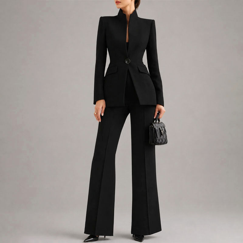 Vera - Women's High-Neck Single-Button Blazer and Wide-Leg Trouser Set
