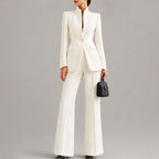 Vera - Women's High-Neck Single-Button Blazer and Wide-Leg Trouser Set