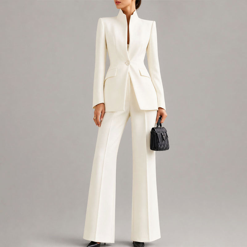 Vera - Women's High-Neck Single-Button Blazer and Wide-Leg Trouser Set