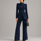 Vera - Women's High-Neck Single-Button Blazer and Wide-Leg Trouser Set