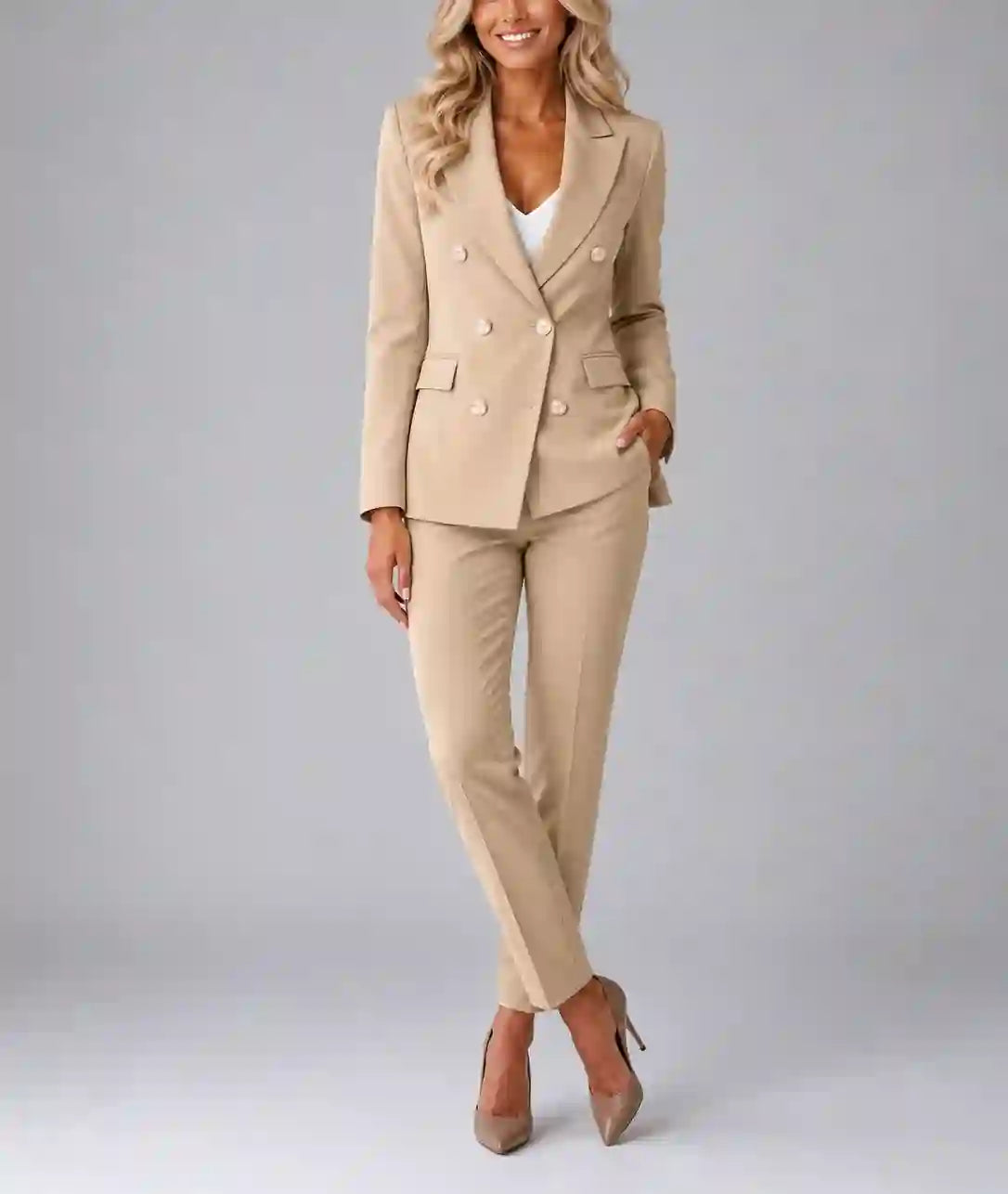 Verity - Women's Double-Breasted Blazer & Tapered Trousers Set