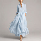 Victoria - Women's Boho Split-Neck Ruffled Hem Long Sleeve Maxi Dress