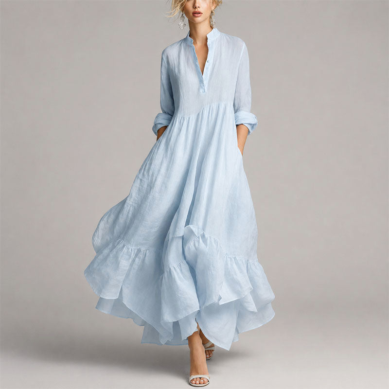 Victoria - Women's Boho Split-Neck Ruffled Hem Long Sleeve Maxi Dress