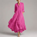 Victoria - Women's Boho Split-Neck Ruffled Hem Long Sleeve Maxi Dress