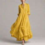 Victoria - Women's Boho Split-Neck Ruffled Hem Long Sleeve Maxi Dress
