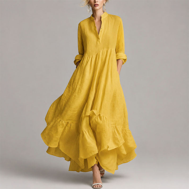 Victoria - Women's Boho Split-Neck Ruffled Hem Long Sleeve Maxi Dress