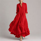 Victoria - Women's Boho Split-Neck Ruffled Hem Long Sleeve Maxi Dress