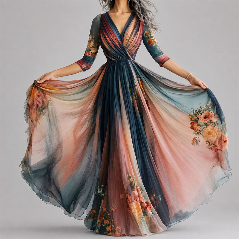 Willow - Women's V-Neck Colorblock Patchwork Maxi Dress