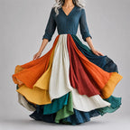 Willow - Women's V-Neck Colorblock Patchwork Maxi Dress