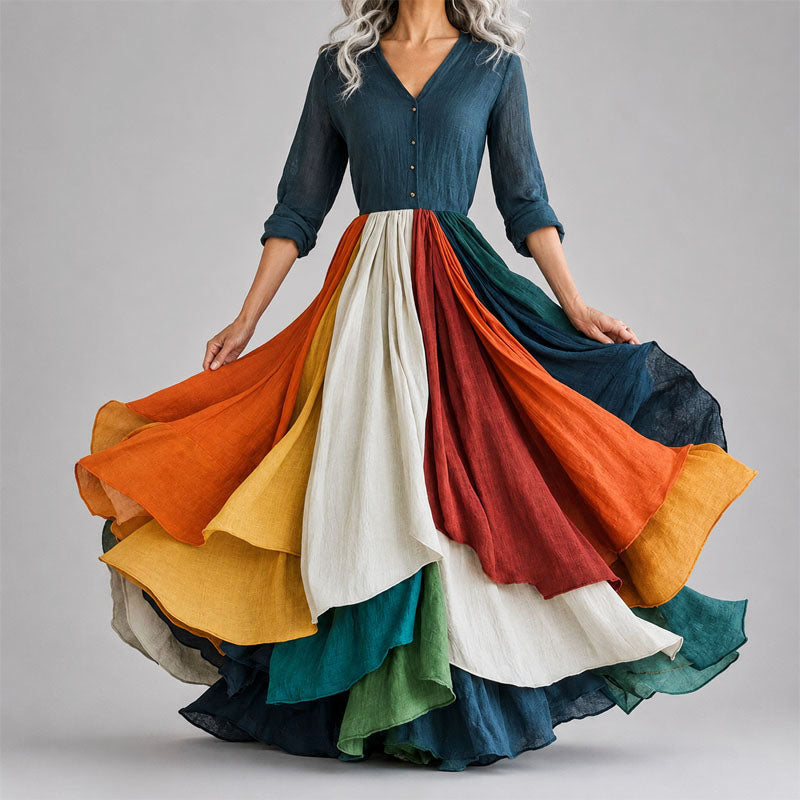 Willow - Women's V-Neck Colorblock Patchwork Maxi Dress