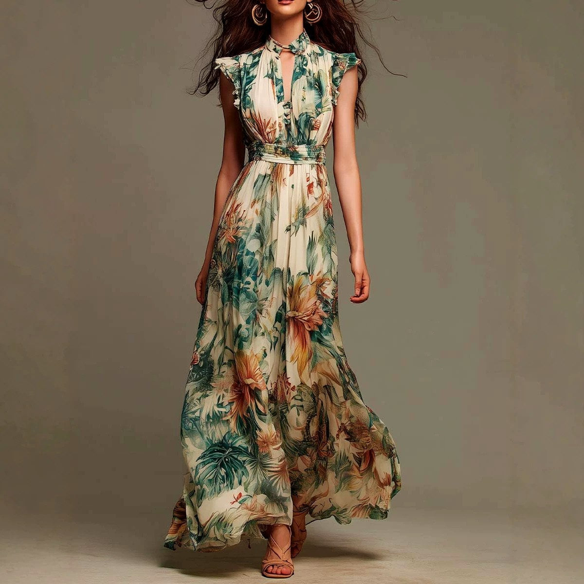 Yvette - Women's Botanical Print Ruffle Sleeve Maxi Dress