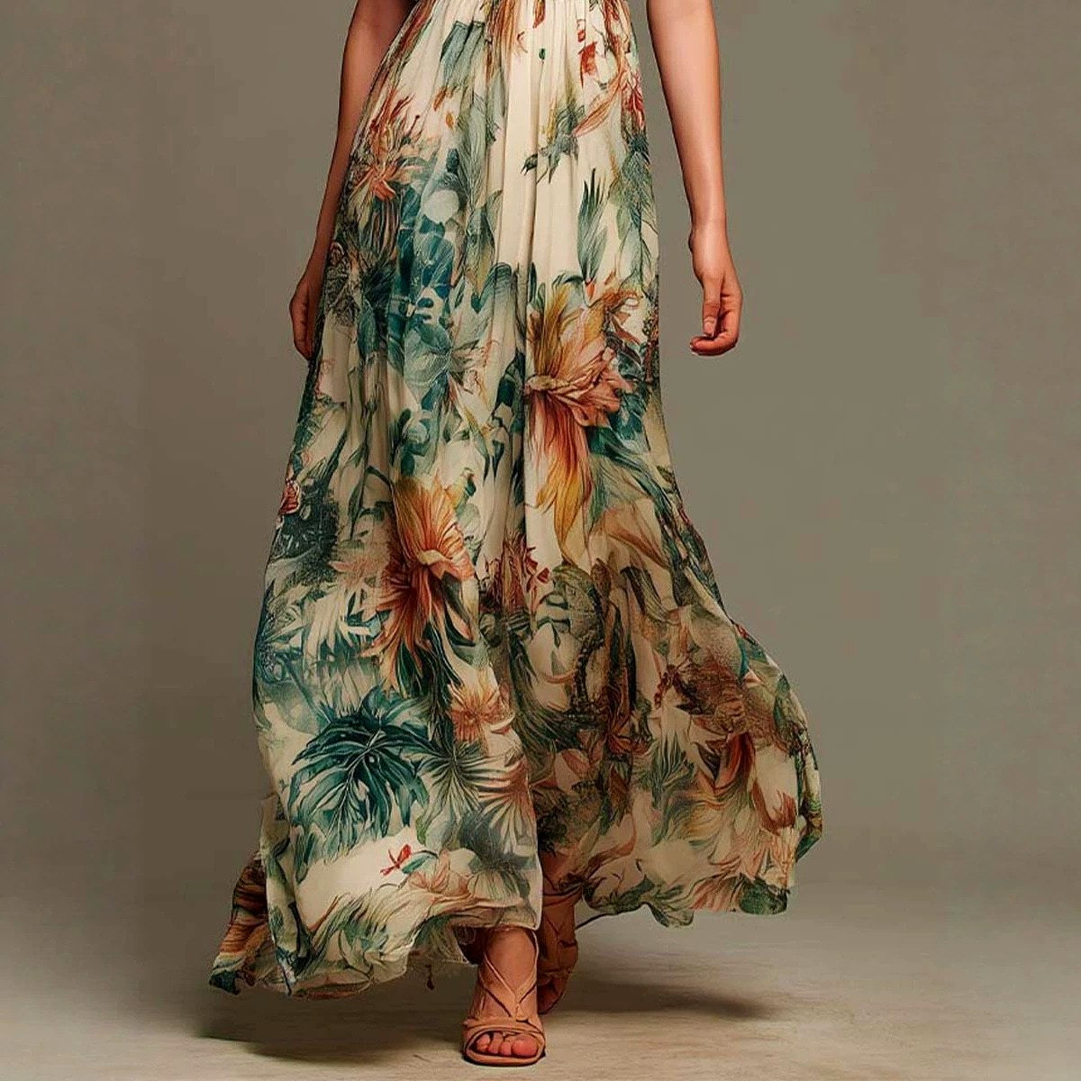 Yvette - Women's Botanical Print Ruffle Sleeve Maxi Dress