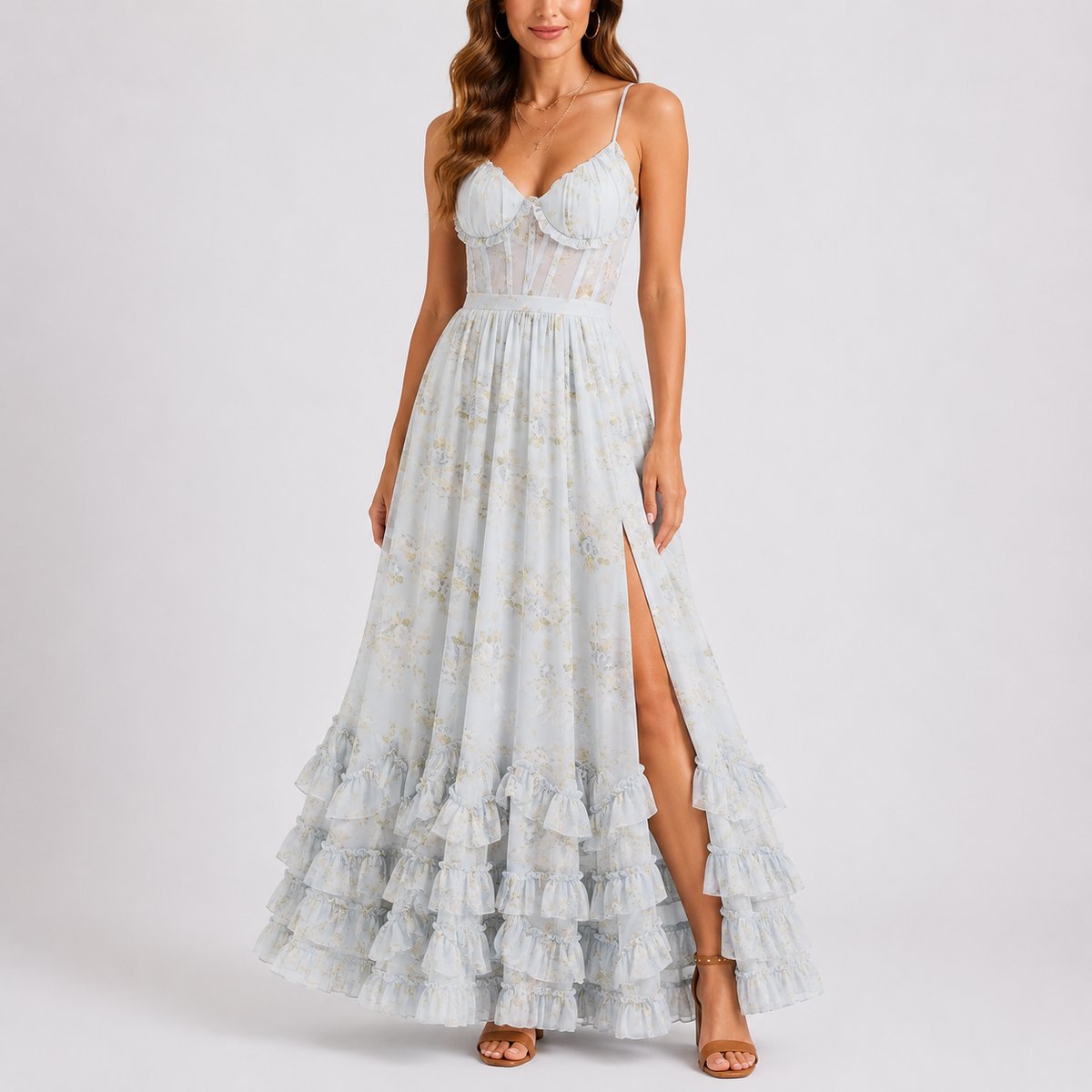 Abigail - Women's Floral Corset Maxi Dress with Tiered Ruffle Hem