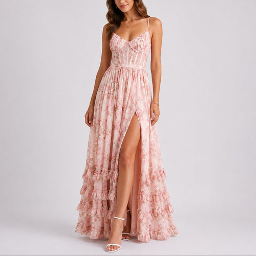 Abigail - Women's Floral Corset Maxi Dress with Tiered Ruffle Hem