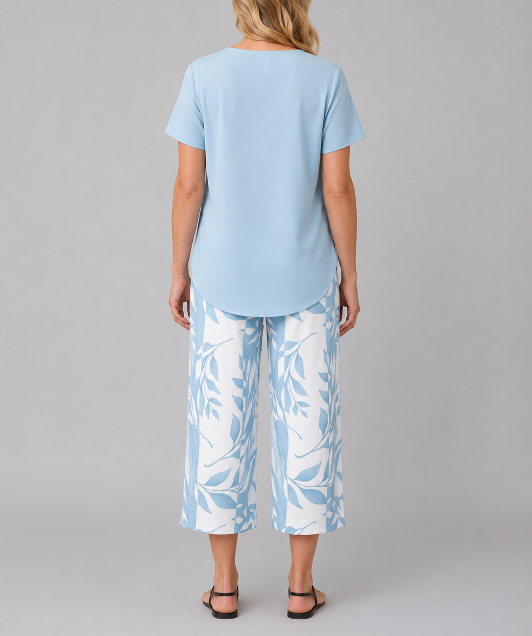 Abigail - Women's Layered Short-Sleeve Top & Wide-Leg Printed Trousers Set