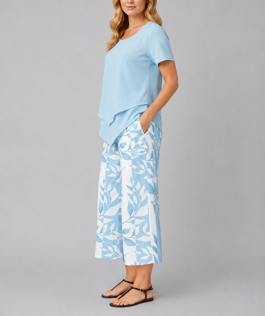 Abigail - Women's Layered Short-Sleeve Top & Wide-Leg Printed Trousers Set