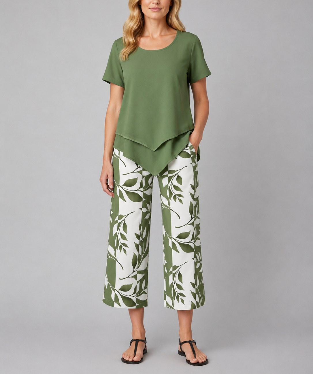Abigail - Women's Layered Short-Sleeve Top & Wide-Leg Printed Trousers Set