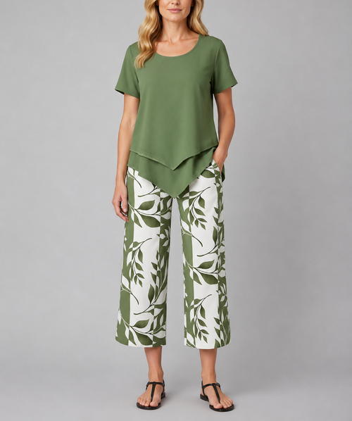 Abigail - Women's Layered Short-Sleeve Top & Wide-Leg Printed Trousers Set