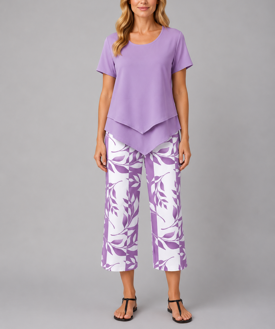 Abigail - Women's Layered Short-Sleeve Top & Wide-Leg Printed Trousers Set