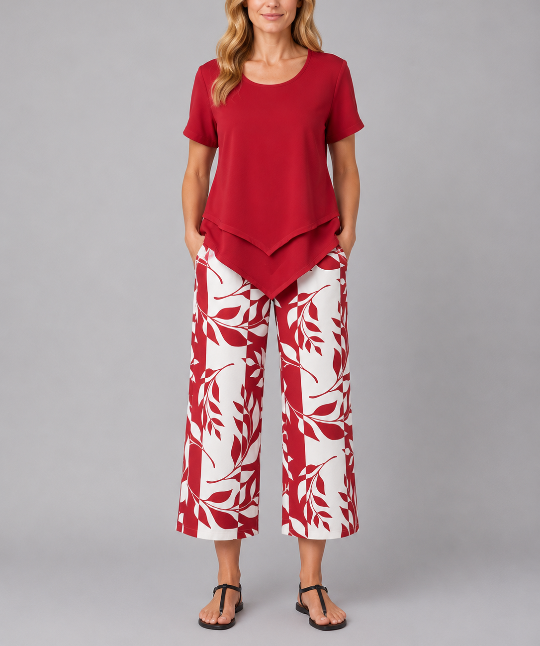 Abigail - Women's Layered Short-Sleeve Top & Wide-Leg Printed Trousers Set