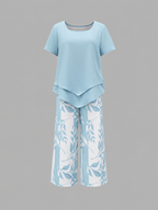 Abigail - Women's Layered Short-Sleeve Top & Wide-Leg Printed Trousers Set