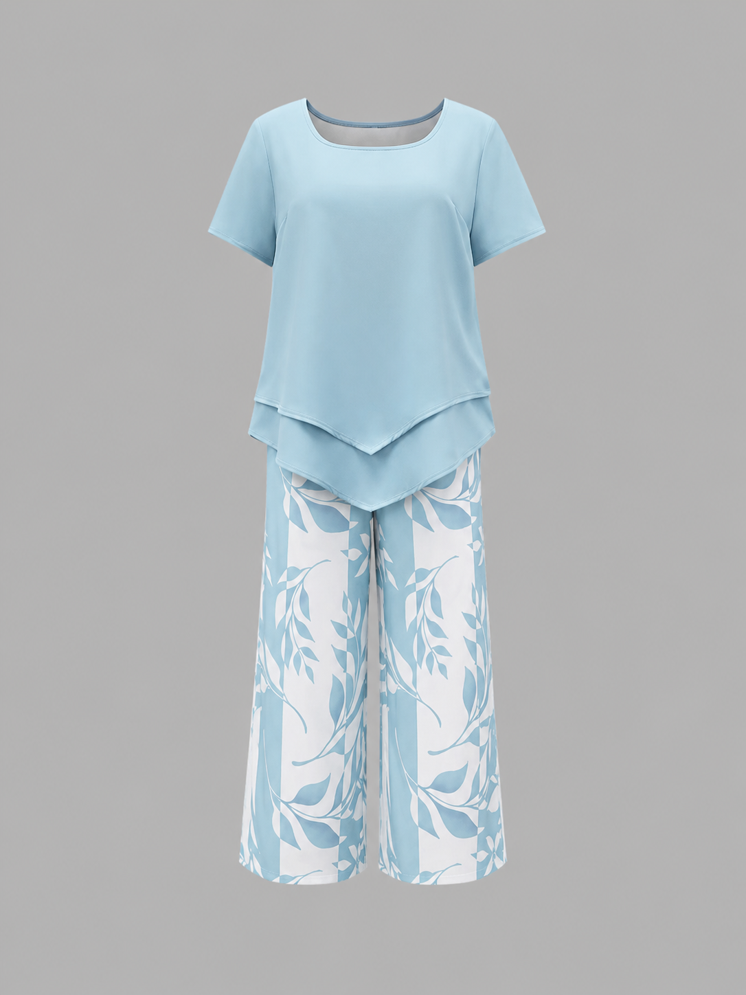 Abigail - Women's Layered Short-Sleeve Top & Wide-Leg Printed Trousers Set