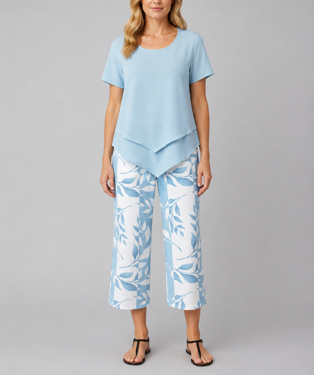 Abigail - Women's Layered Short-Sleeve Top & Wide-Leg Printed Trousers Set