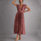 Adalyn - Women's Pleated V-Neck Midi Dress