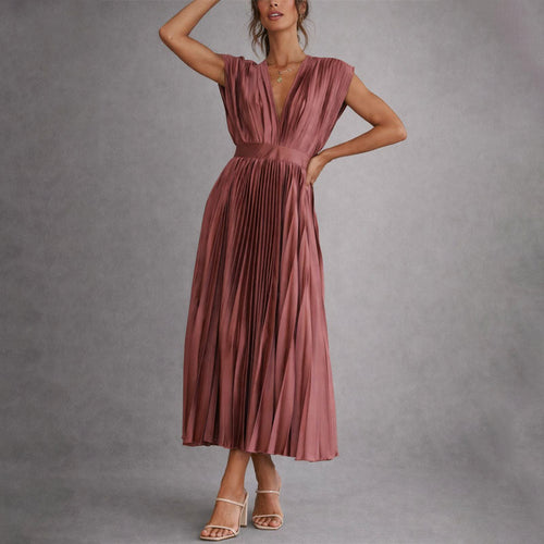 Adalyn - Women's Pleated V-Neck Midi Dress