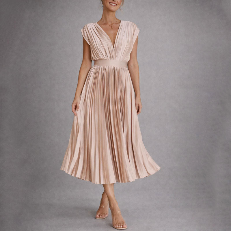 Adalyn - Women's Pleated V-Neck Midi Dress