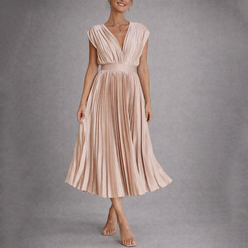 Adalyn - Women's Pleated V-Neck Midi Dress
