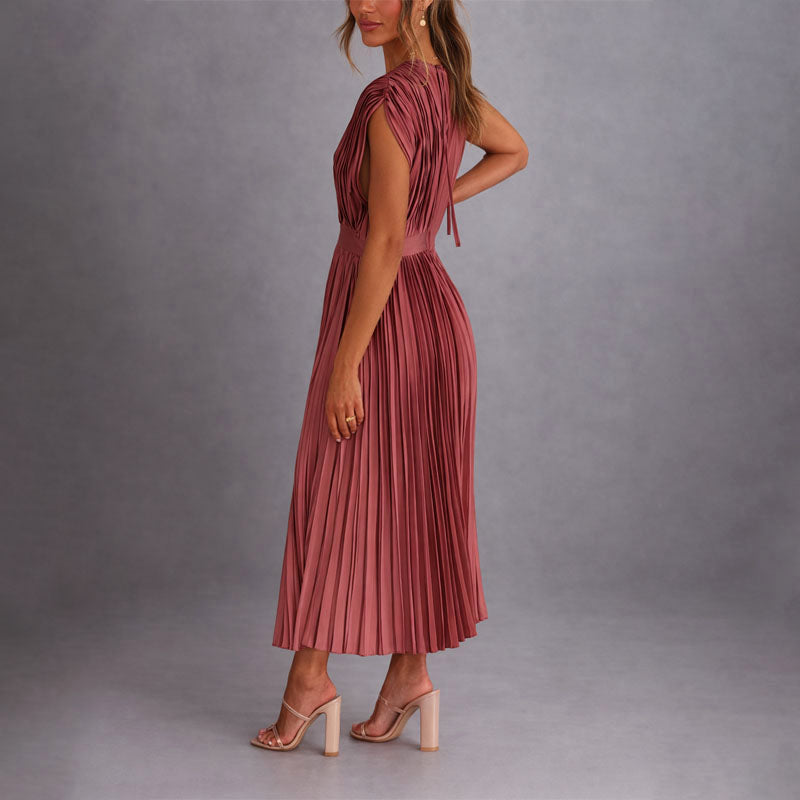 Adalyn - Women's Pleated V-Neck Midi Dress