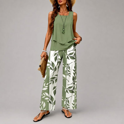 Adelle - Women's Sleeveless Top & Botanical Printed Pants Set 1