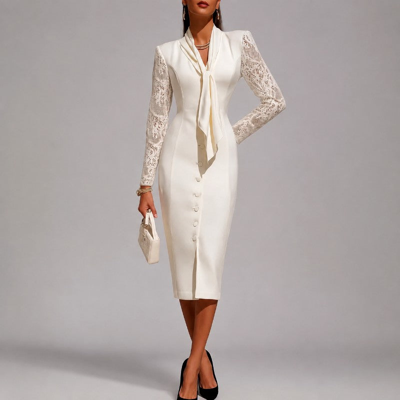 Adrienne - Women's Lace Sleeve Tie-Neck Fitted Midi Dress 1