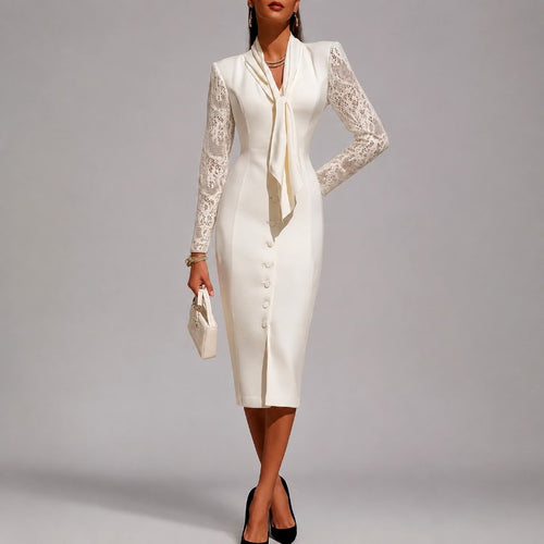 Adrienne - Women's Lace Sleeve Tie-Neck Fitted Midi Dress 1