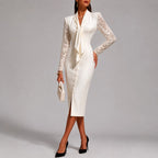 Adrienne - Women's Lace Sleeve Tie-Neck Fitted Midi Dress 2