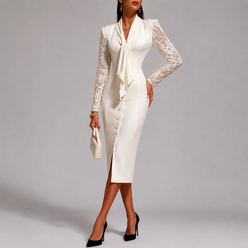 Adrienne - Women's Lace Sleeve Tie-Neck Fitted Midi Dress 2
