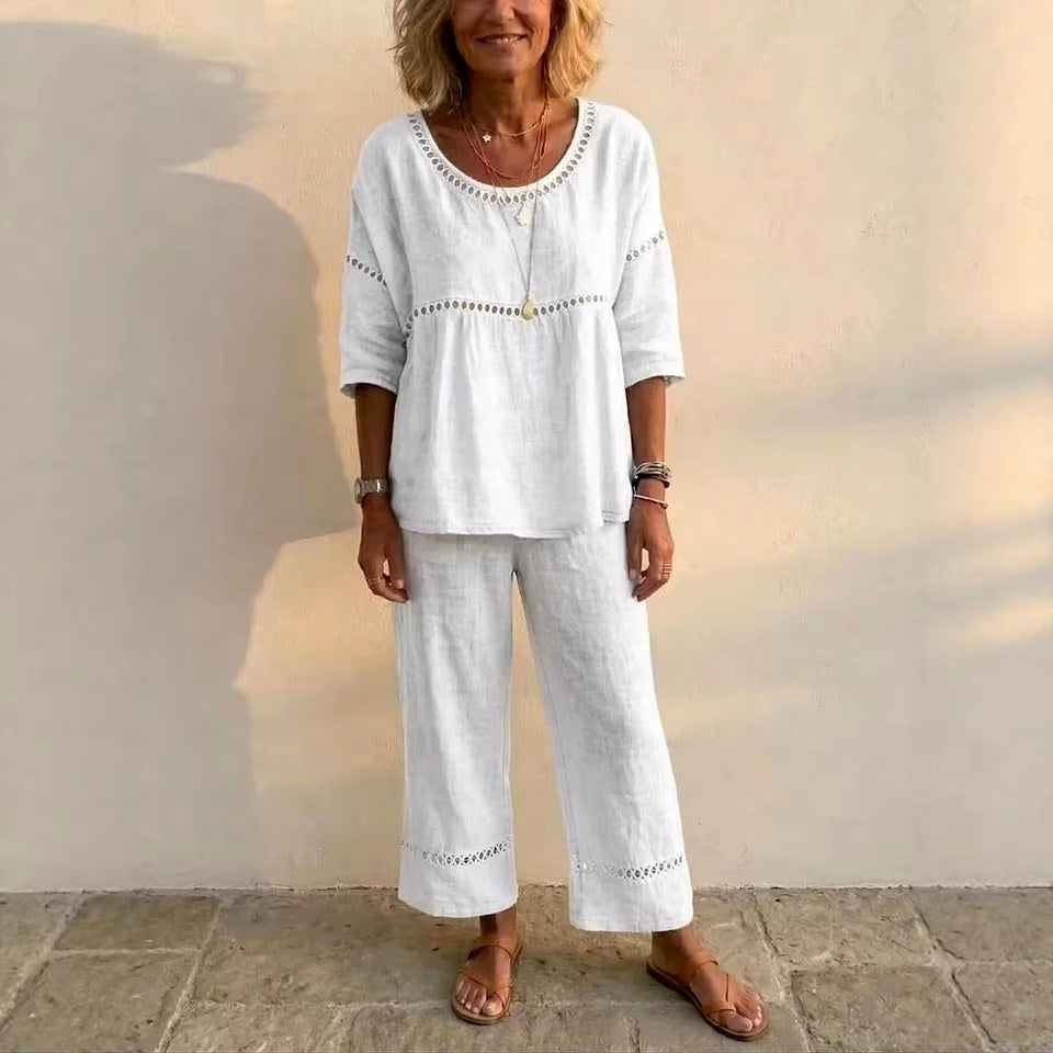 Ailsa - Women's Faux Linen Crochet Trim Matching Set 3
