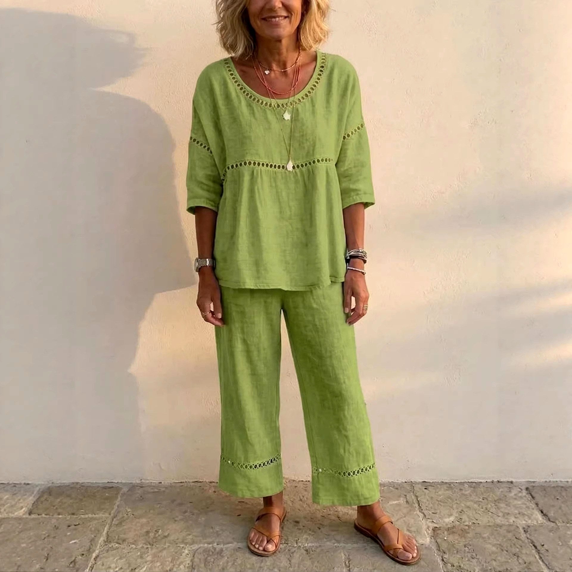 Ailsa - Women's Faux Linen Crochet Trim Matching Set 4