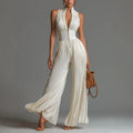 Aimee - Women's Halter Deep V Pleated Wide Leg Jumpsuit 1