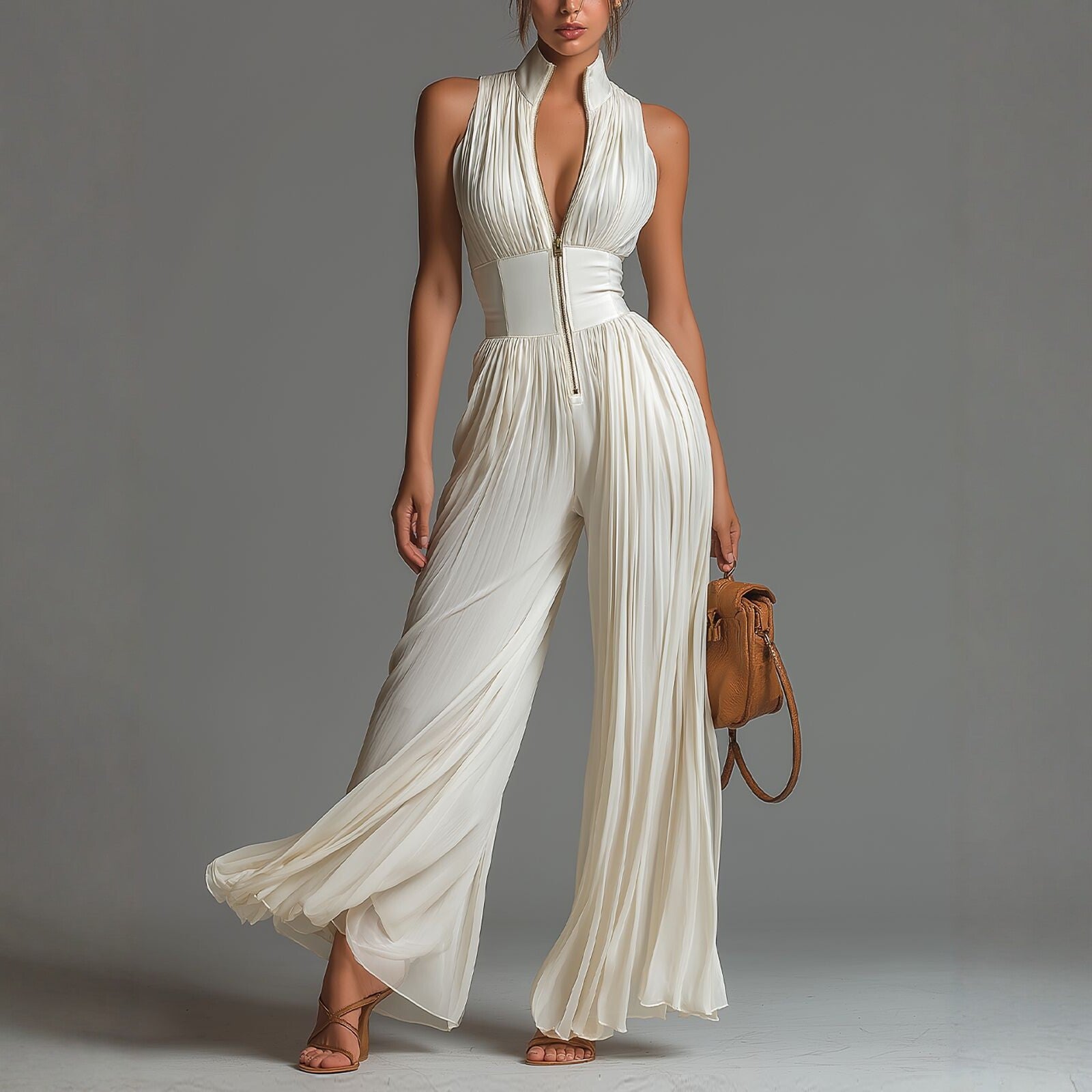 Aimee - Women's Halter Deep V Pleated Wide Leg Jumpsuit 1