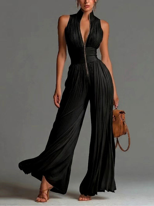 Aimee - Women's Halter Deep V Pleated Wide Leg Jumpsuit 2